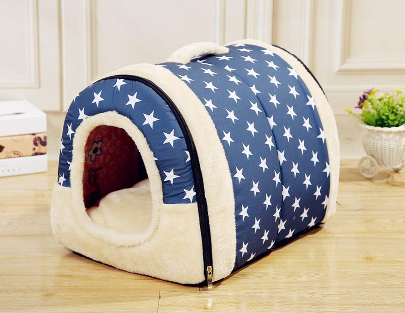 Portable Pet House Soft Dog Bed Cat House Washable with Removable Cushion Waterproof 2 Sizes (Medium, Blue Star)