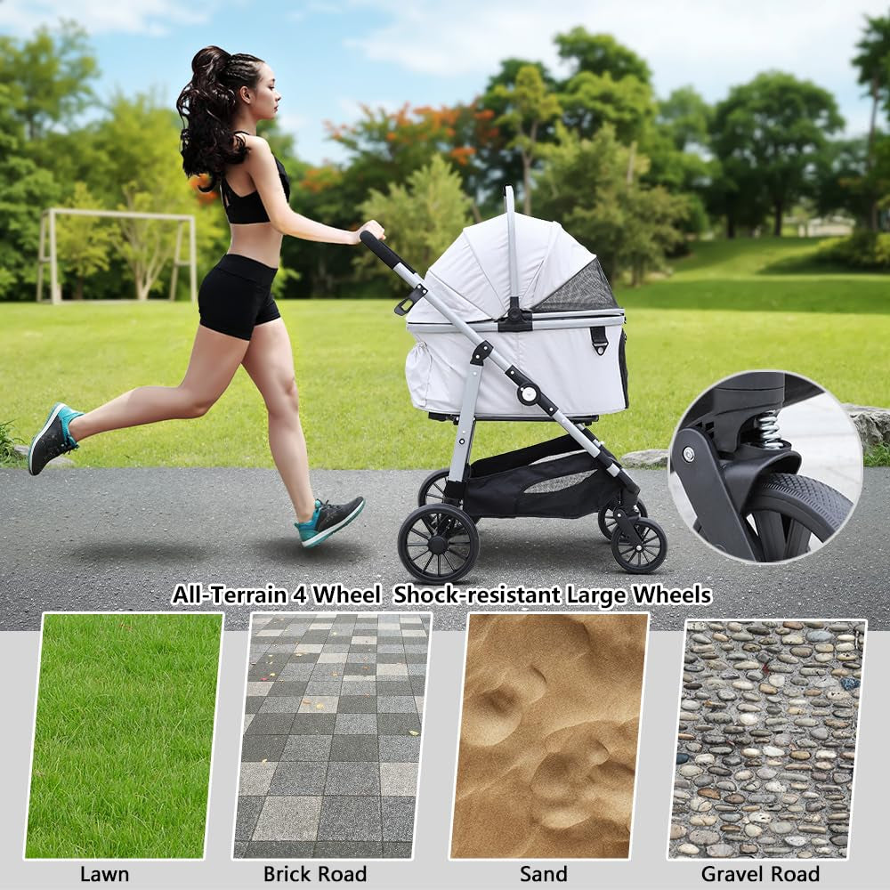Dog Stroller, Foldable 4 Wheels Pet Stroller for Small Medium Dogs 20 Lbs,55Lbs Max, Spacious, Stable Anti-Shock Detachble Carrier,With 360°Swiveling Front Wheel