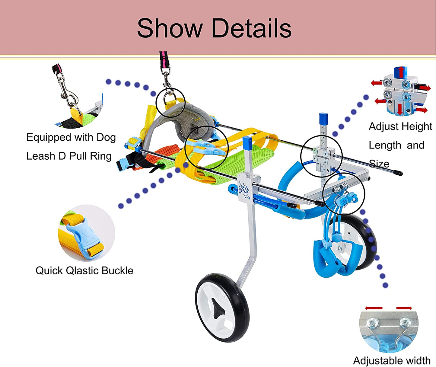 Dog Wheelchair for Handicapped Hind Legs, Two Wheels, Adjustable, 7 Sizes, Green, Blue