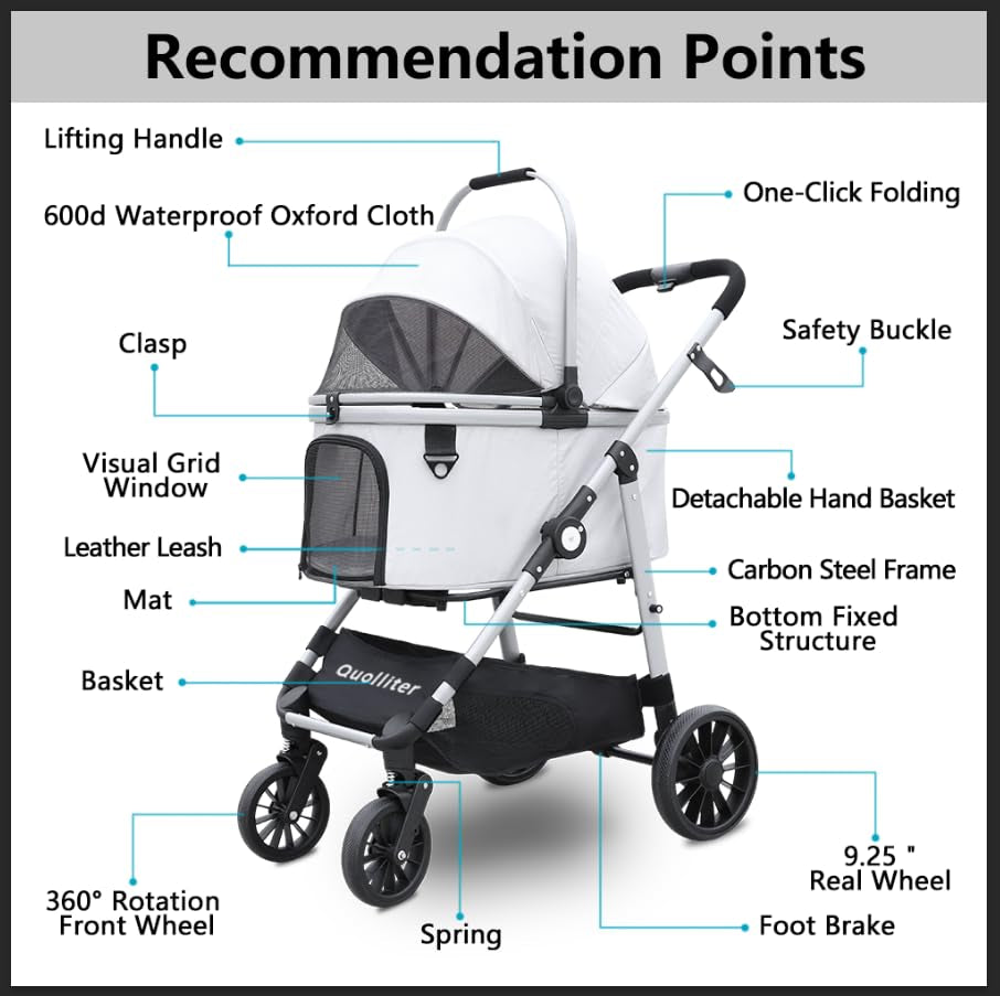 Dog Stroller, Foldable 4 Wheels Pet Stroller for Small Medium Dogs 20 Lbs,55Lbs Max, Spacious, Stable Anti-Shock Detachble Carrier,With 360°Swiveling Front Wheel