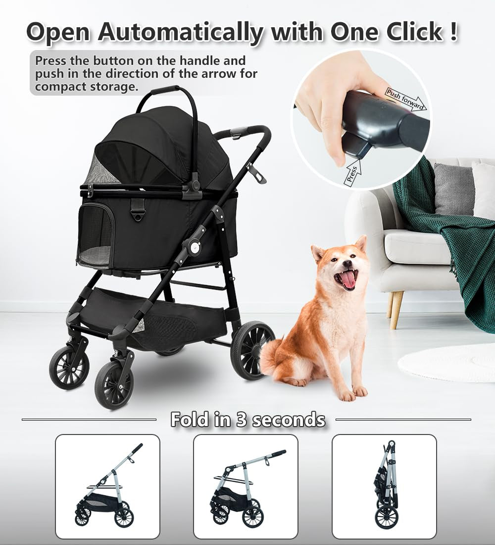 Dog Stroller, Foldable 4 Wheels Pet Stroller for Small Medium Dogs 20 Lbs,55Lbs Max, Spacious, Stable Anti-Shock Detachble Carrier,With 360°Swiveling Front Wheel