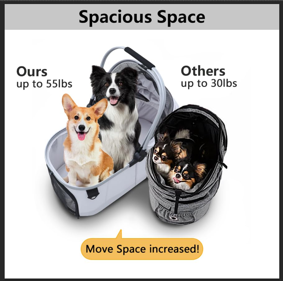 Dog Stroller, Foldable 4 Wheels Pet Stroller for Small Medium Dogs 20 Lbs,55Lbs Max, Spacious, Stable Anti-Shock Detachble Carrier,With 360°Swiveling Front Wheel
