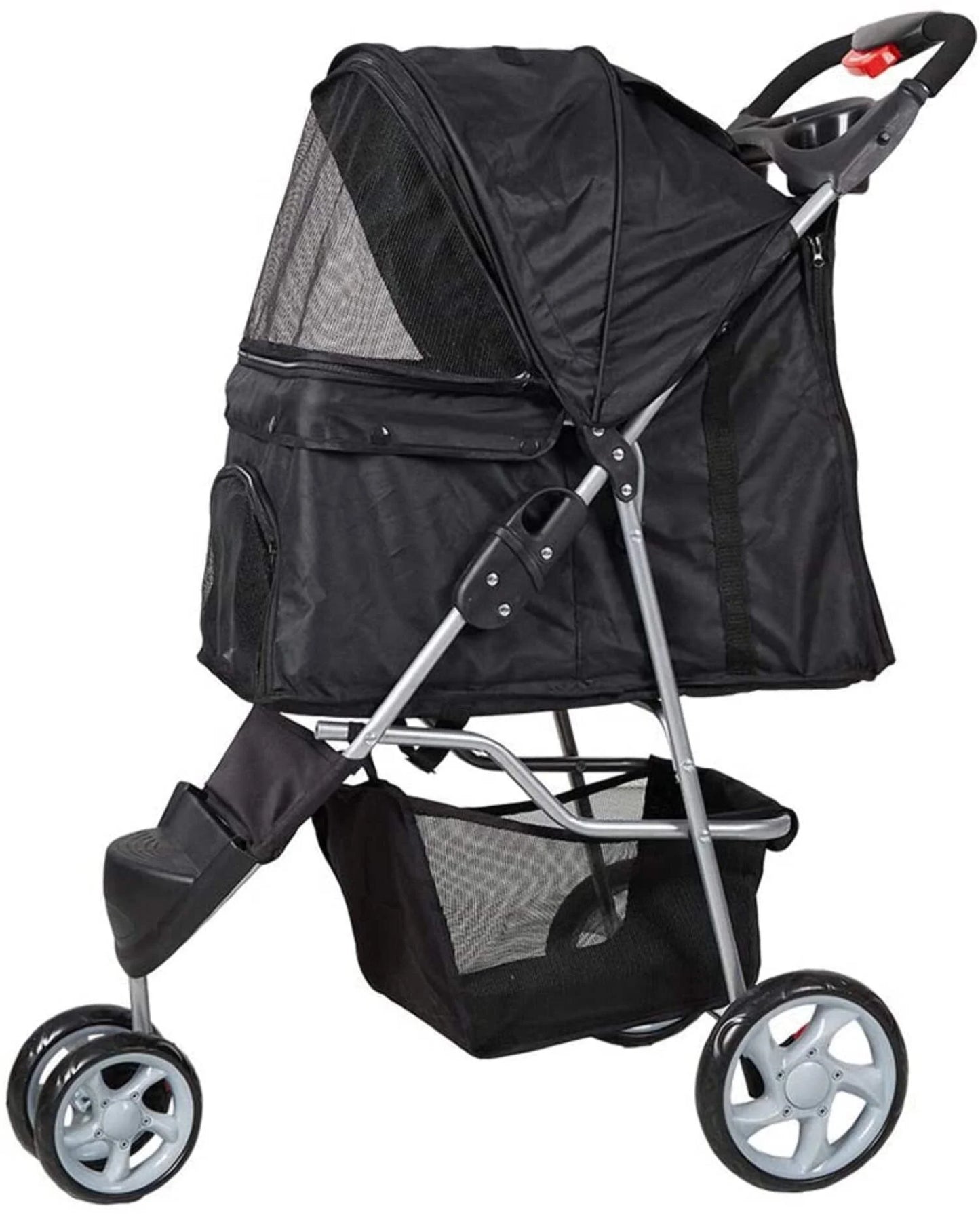 3-Wheeled Folding Dog Stroller with Safety Belts, Red