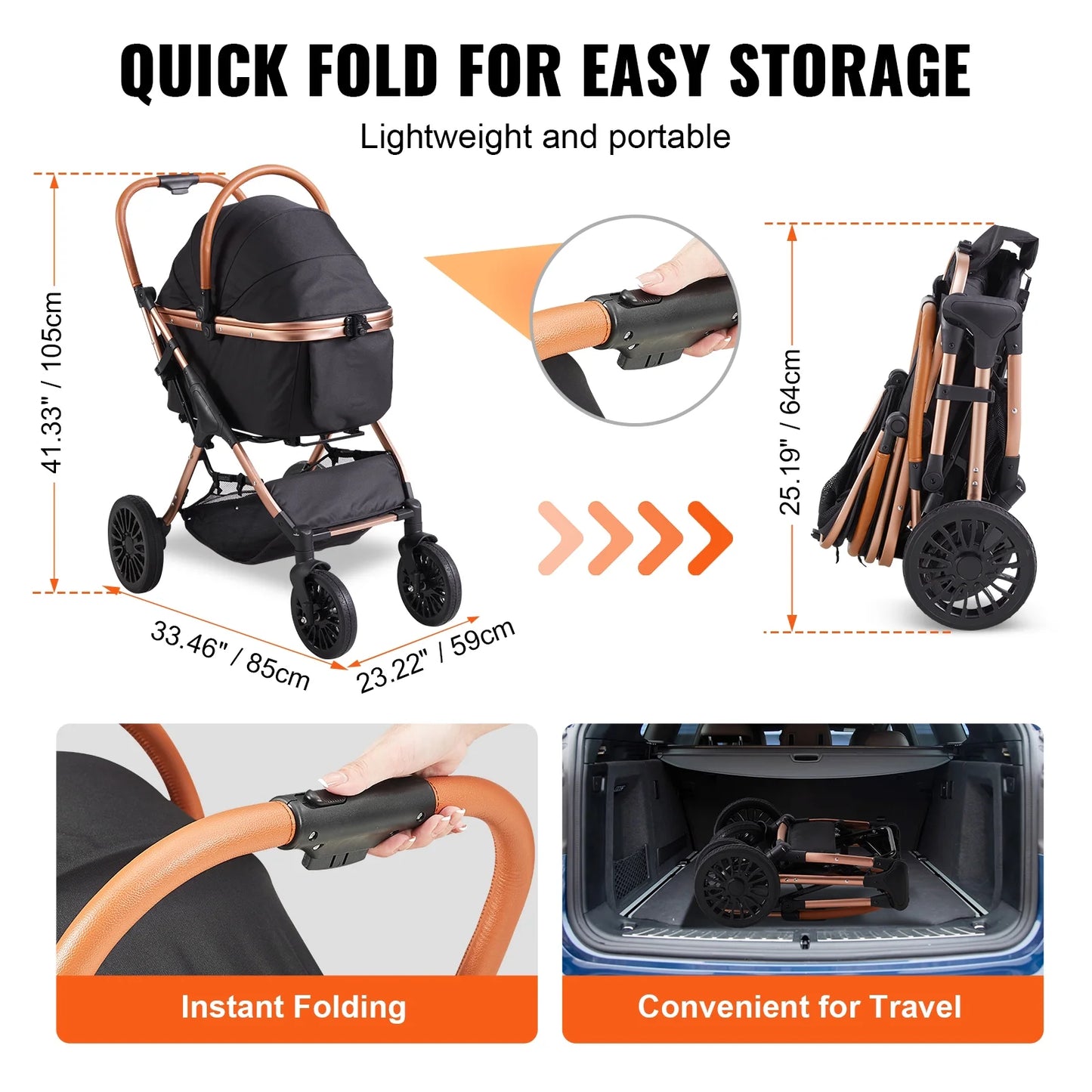 Pet Stroller 4 Wheels Dog Stroller with Brakes 66 Lbs Weight Capacity