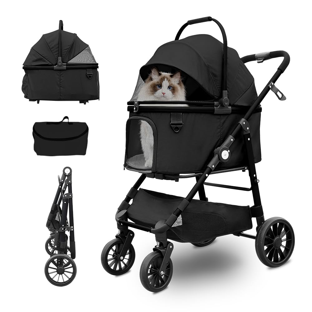 Dog Stroller, Foldable 4 Wheels Pet Stroller for Small Medium Dogs 20 Lbs,55Lbs Max, Spacious, Stable Anti-Shock Detachble Carrier,With 360°Swiveling Front Wheel