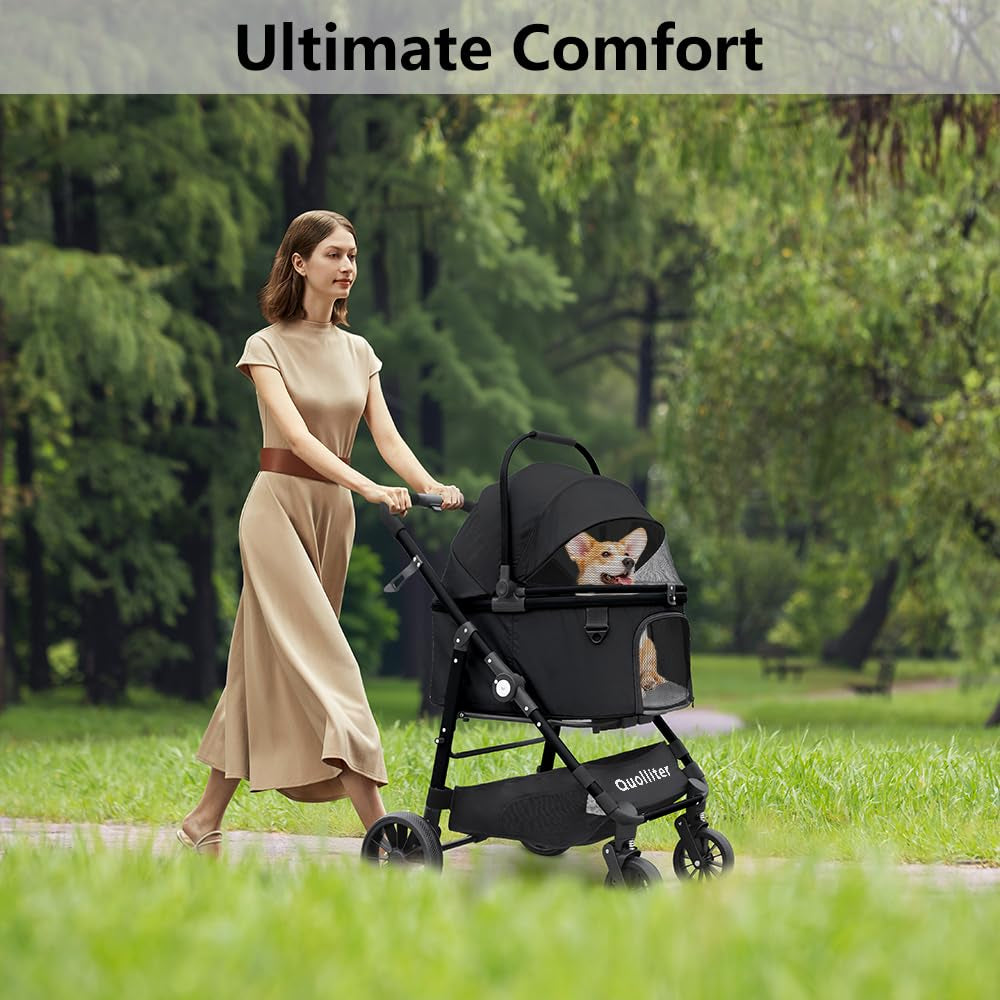 Dog Stroller, Foldable 4 Wheels Pet Stroller for Small Medium Dogs 20 Lbs,55Lbs Max, Spacious, Stable Anti-Shock Detachble Carrier,With 360°Swiveling Front Wheel