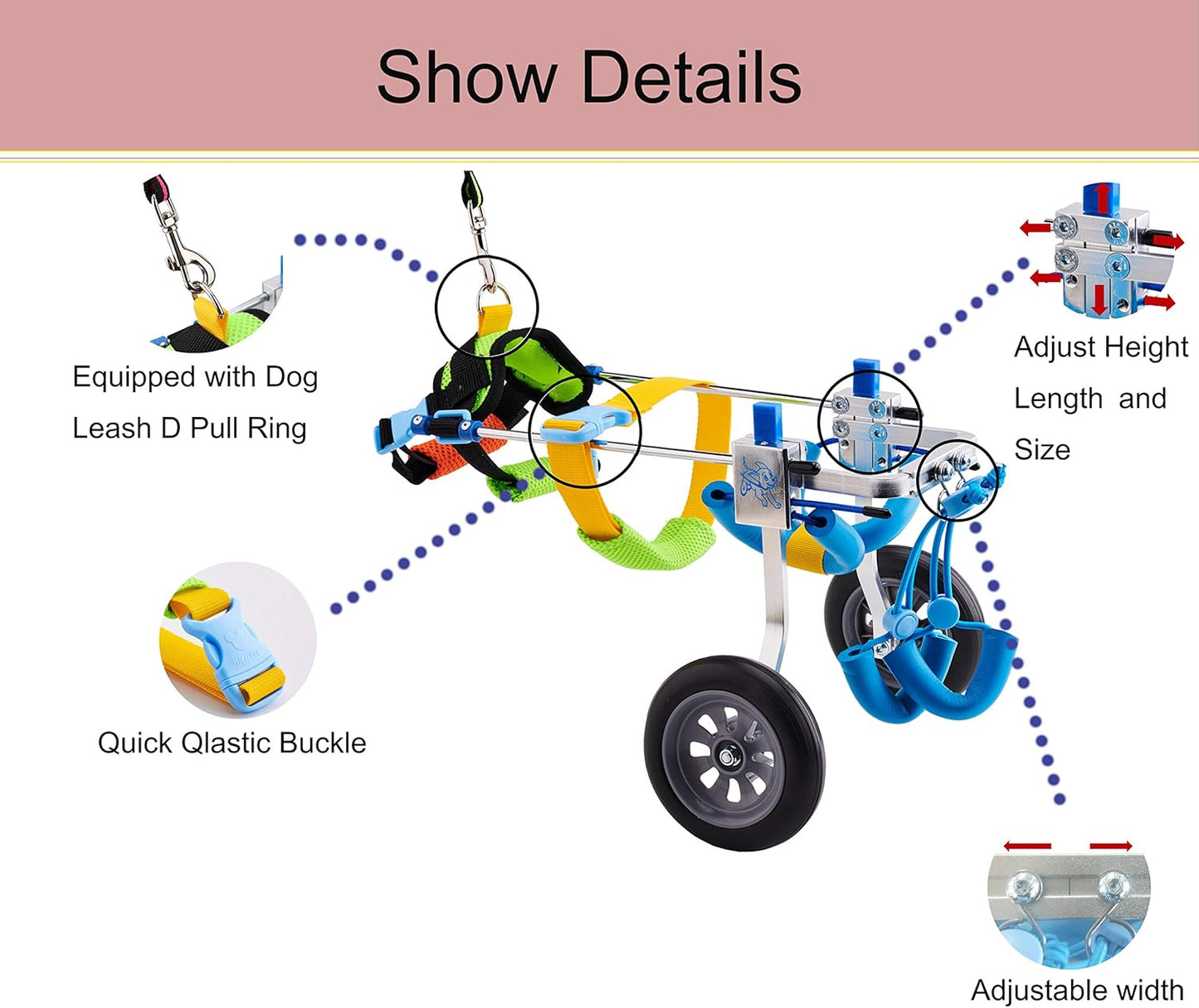 Heobam Pet Wheelchair for Handicapped Hind Legs Small Dog, Two Wheels Adjustable Dog Wheelchair, Cart, 7 Sizes for Hind Legs Rehabilitation (XXS)