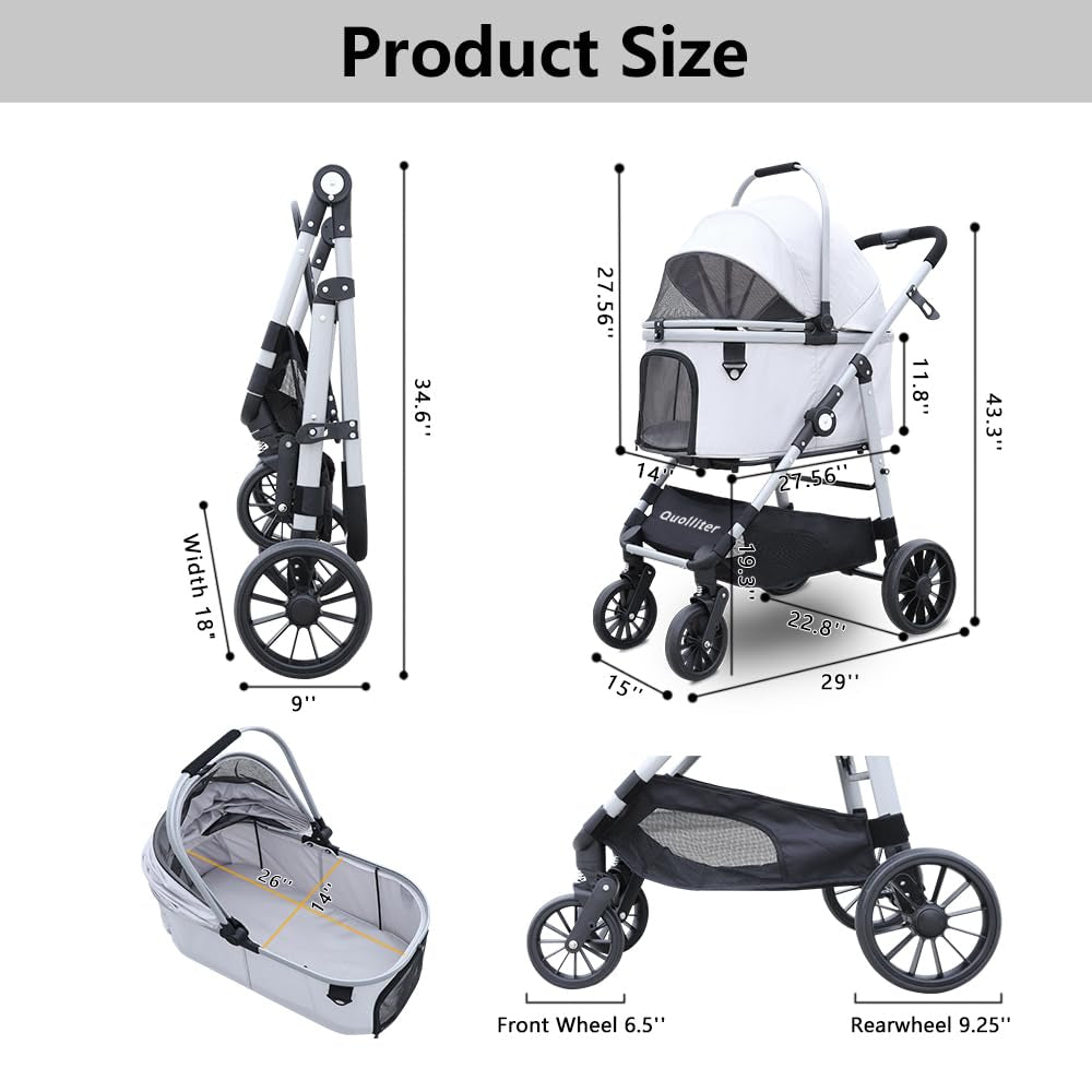 Dog Stroller, Foldable 4 Wheels Pet Stroller for Small Medium Dogs 20 Lbs,55Lbs Max, Spacious, Stable Anti-Shock Detachble Carrier,With 360°Swiveling Front Wheel