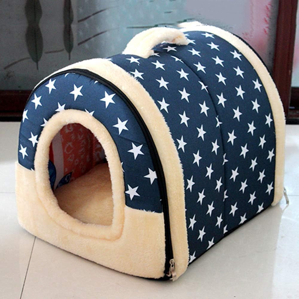 Portable Pet House Soft Dog Bed Cat House Washable with Removable Cushion Waterproof 2 Sizes (Medium, Blue Star)