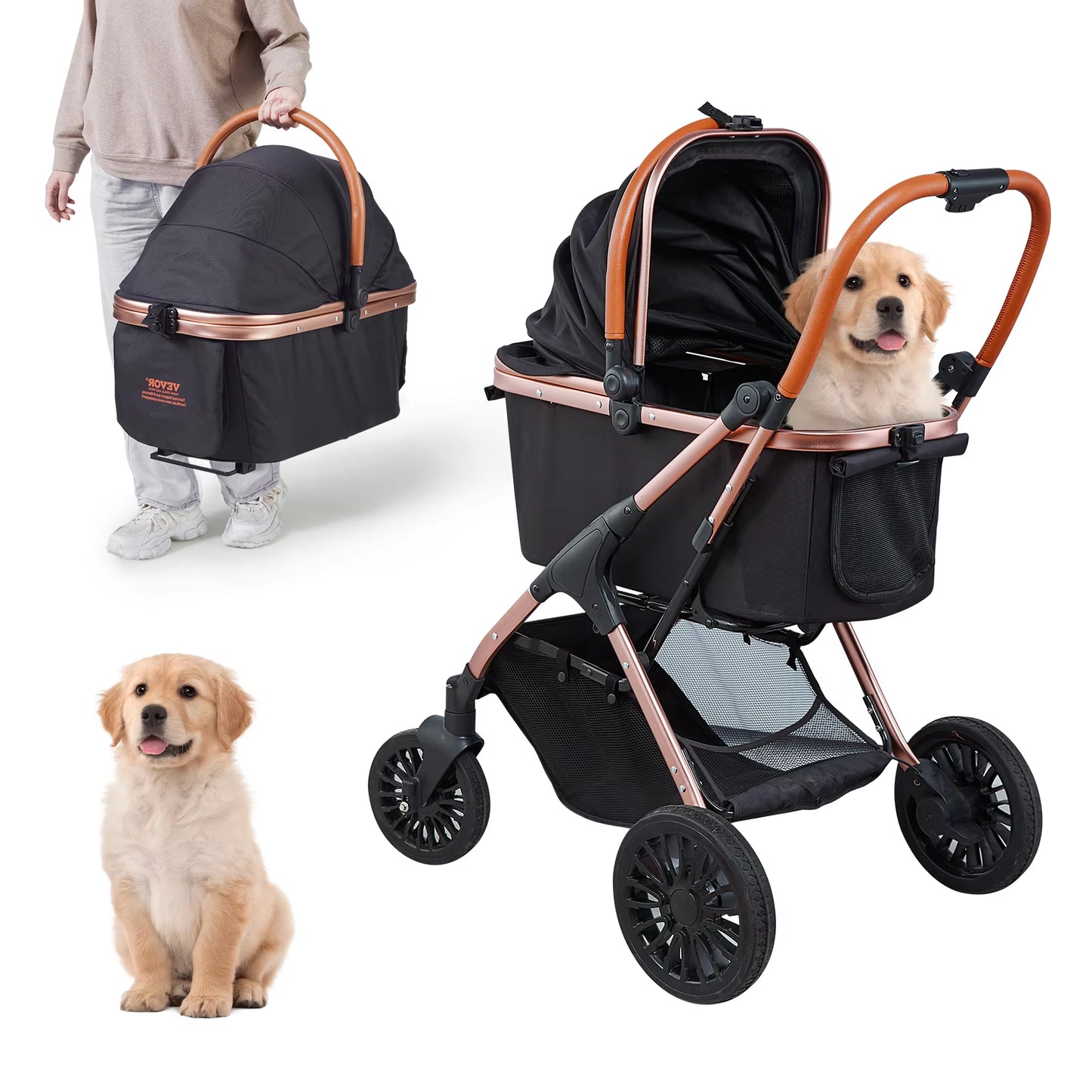 VEVOR 66 Lbs Pet Stroller Foldable Dog Puppy Stroller with Brakes Storage Basket Detachable Carrier for Small to Medium Dogs