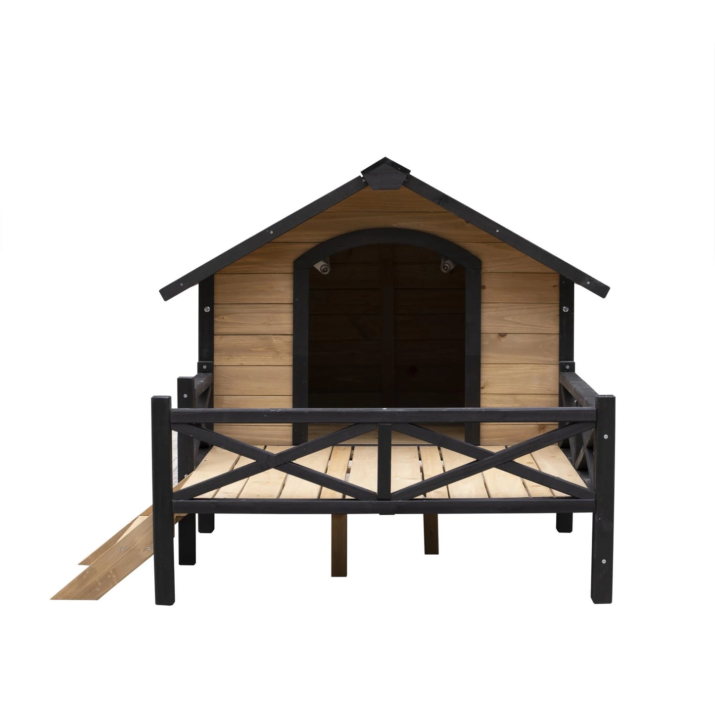 66" Outdoor Dog House, Large Wooden Dog Kennel with Porch, Cabin House Style Pet Houses for Cats, Brown