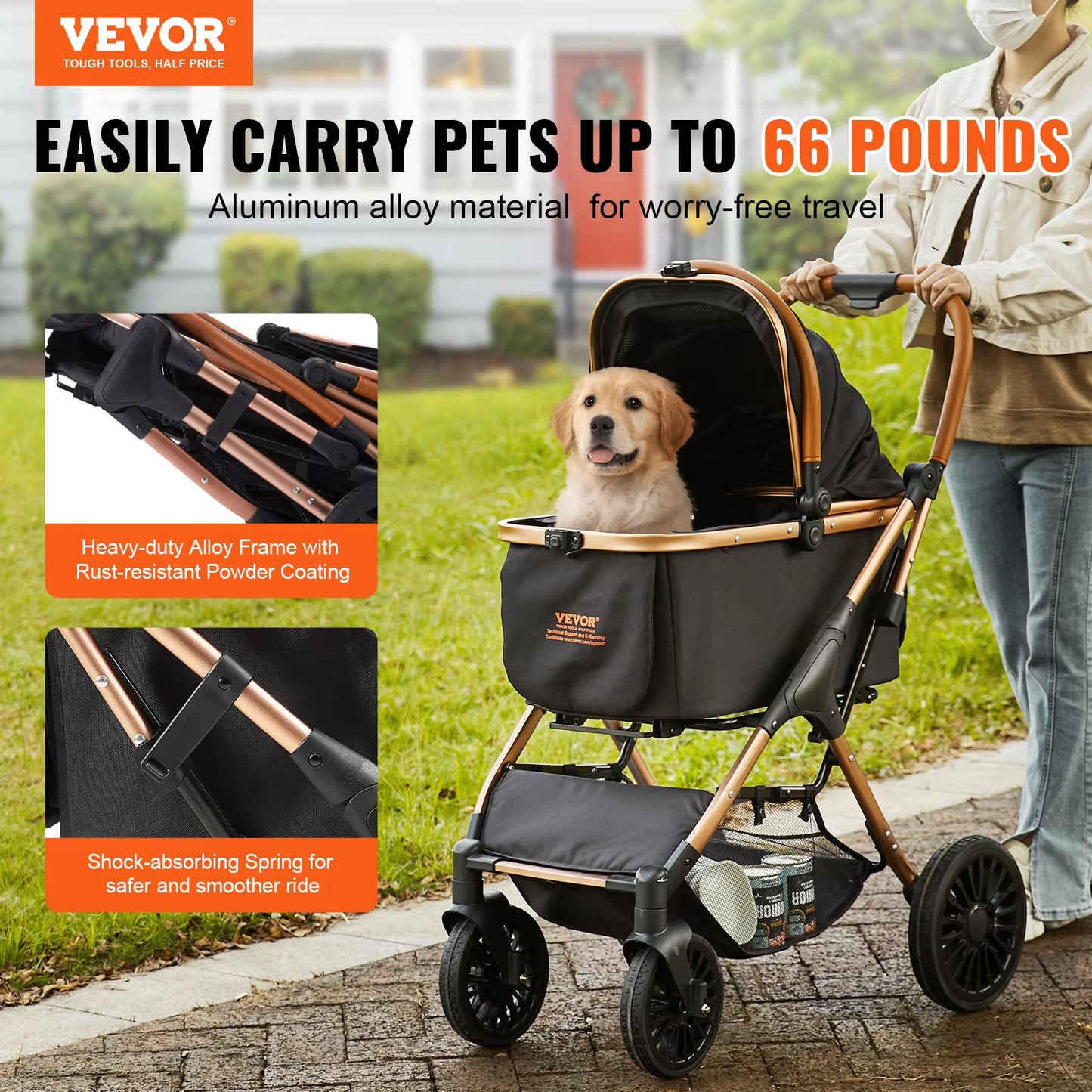 VEVOR 66 Lbs Pet Stroller Foldable Dog Puppy Stroller with Brakes Storage Basket Detachable Carrier for Small to Medium Dogs