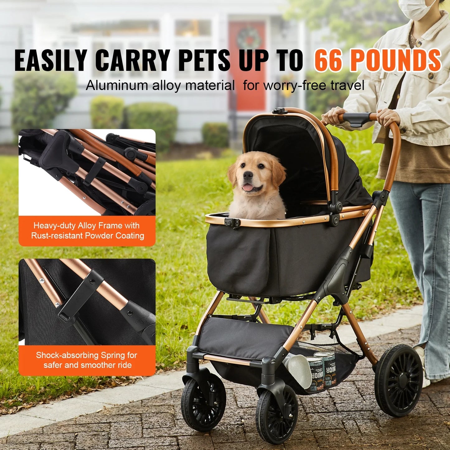 Pet Stroller 4 Wheels Dog Stroller with Brakes 66 Lbs Weight Capacity