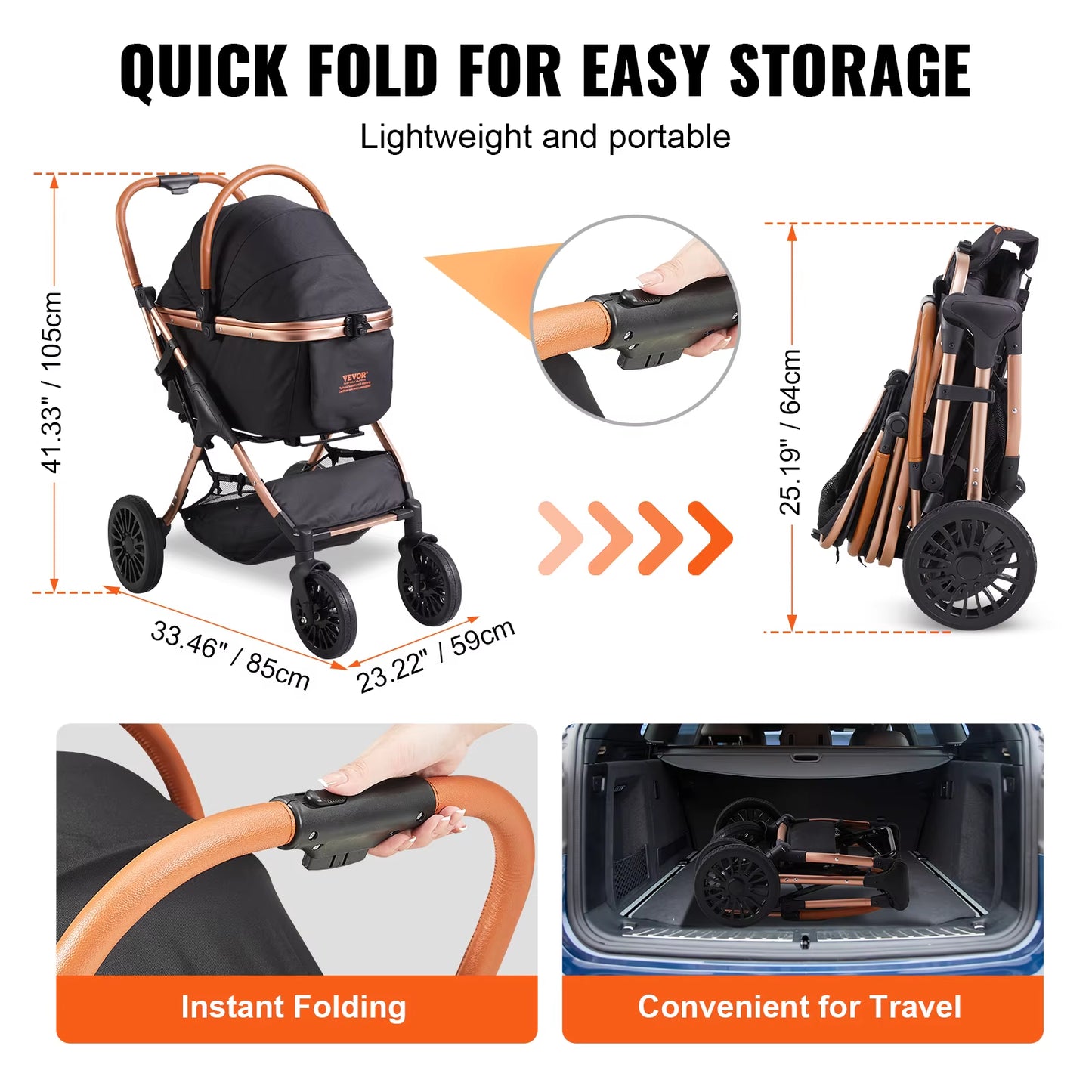 VEVOR 66 Lbs Pet Stroller Foldable Dog Puppy Stroller with Brakes Storage Basket Detachable Carrier for Small to Medium Dogs