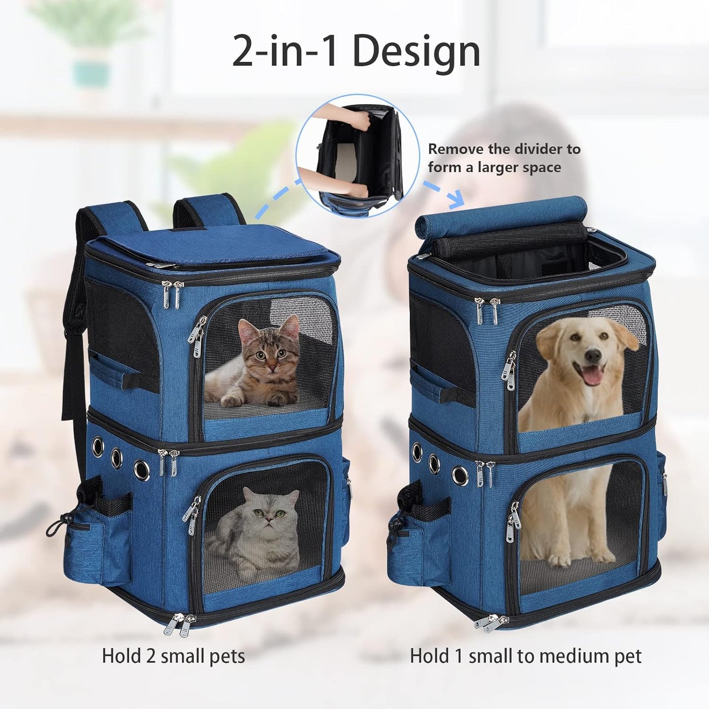 Double-Compartment Pet Carrier Backpack for Small Cats and Dogs, Cat Travel Carrier for 2 Cats, Perfect for Traveling/Hiking/Camping, Blue