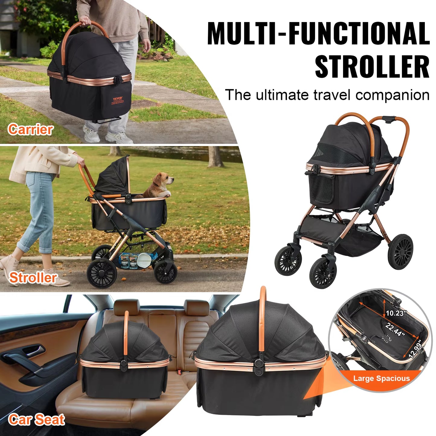 VEVOR 66 Lbs Pet Stroller Foldable Dog Puppy Stroller with Brakes Storage Basket Detachable Carrier for Small to Medium Dogs