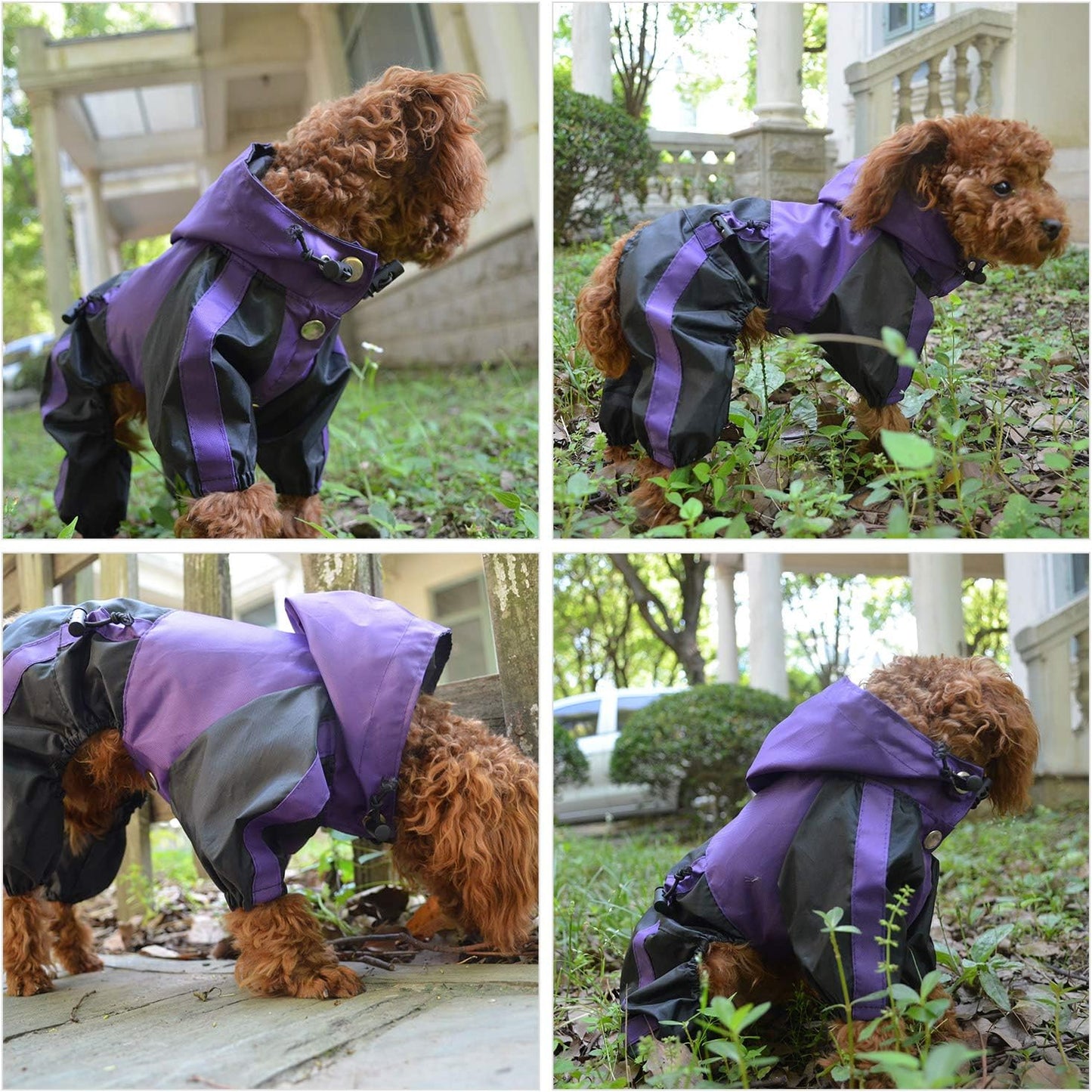 Dog Hooded Raincoat, Small Dog Rain Jacket Poncho Waterproof Clothes with Hood Breathable 4 Feet Four Legs Rain Coats for Small Medium Large Pet Dogs Purple L