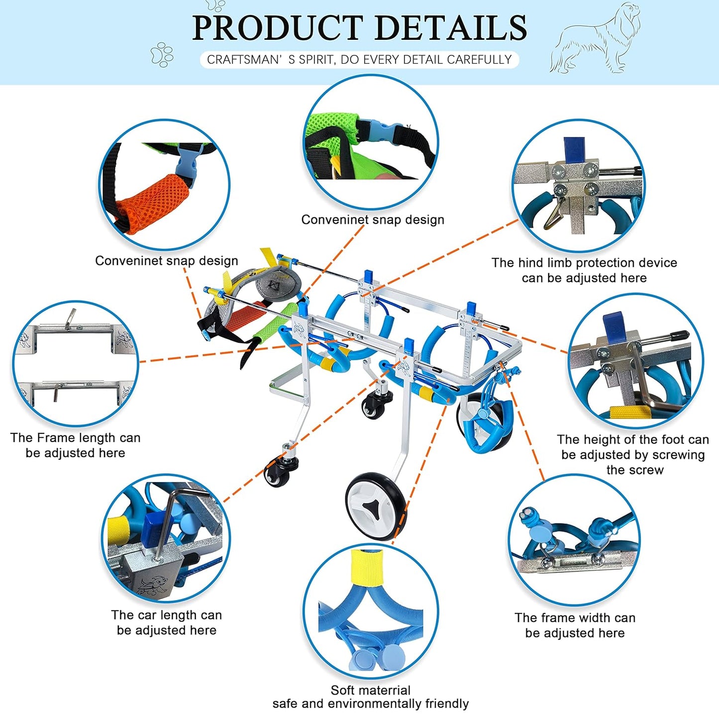 Adjustable 4-Wheel Dog Cart/Wheelchair, Animal Exercise Wheels,For Pet/Doggie Wheelchairs with Disabled Hind Legs Walking(7-Size) (XS)