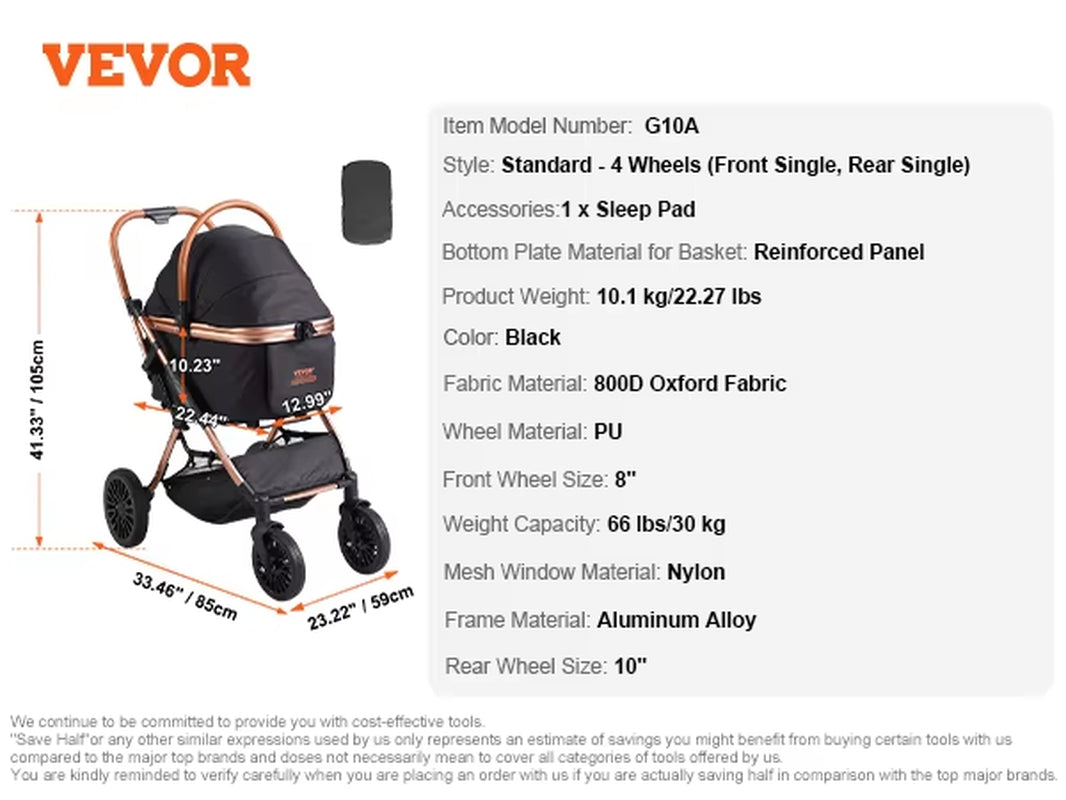 VEVOR 66 Lbs Pet Stroller Foldable Dog Puppy Stroller with Brakes Storage Basket Detachable Carrier for Small to Medium Dogs
