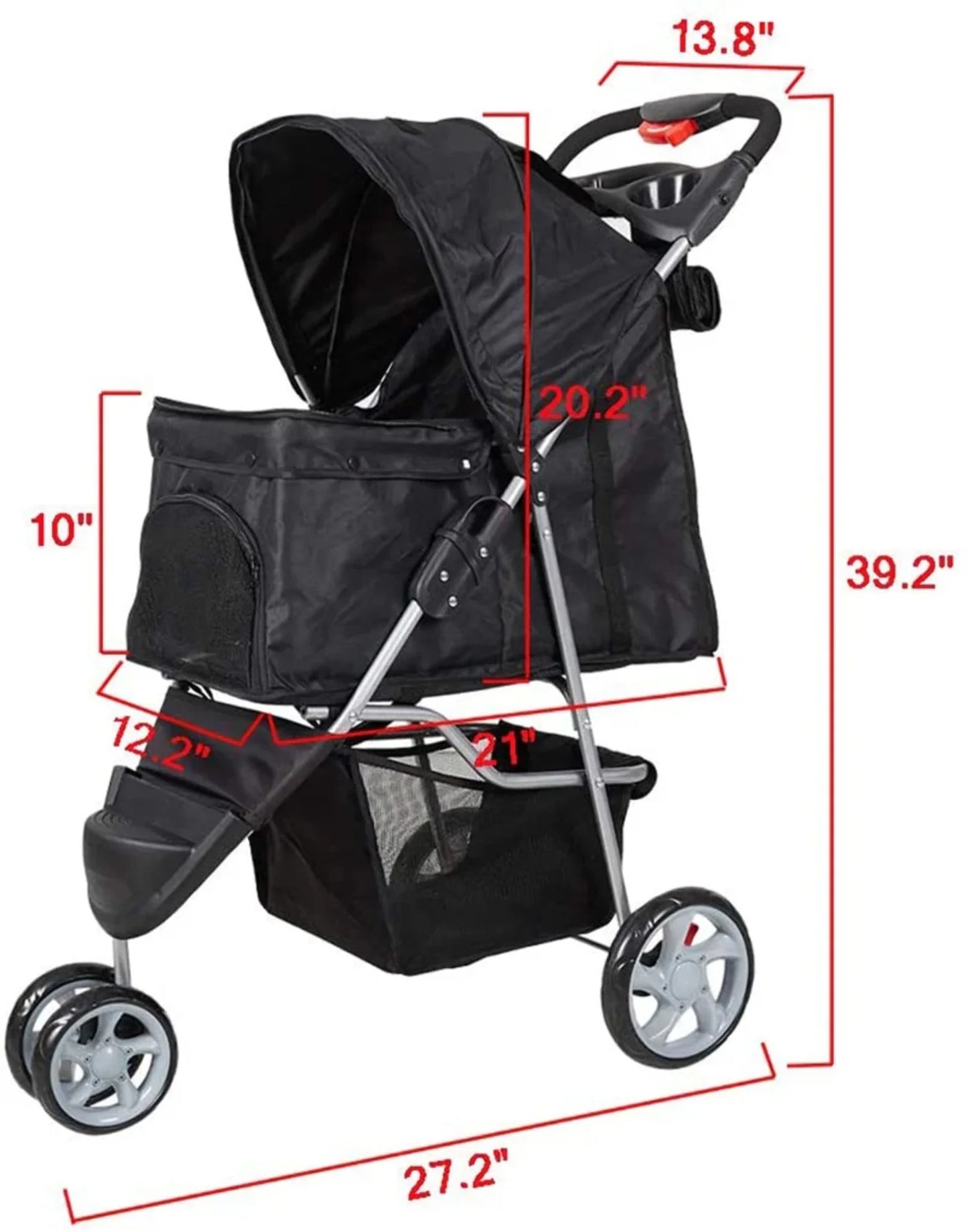 3-Wheeled Folding Dog Stroller with Safety Belts, Red