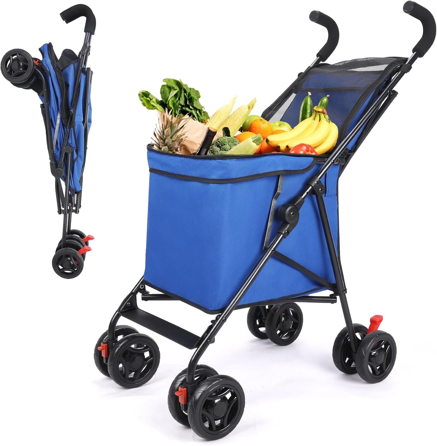 Pet Dog Stroller, 4 Wheel Foldable Cat Dog Stroller with Storage Basket, Handle 360° Front Wheel Rear Wheel with Brake for Small Medium Dogs & Cats (Blue)