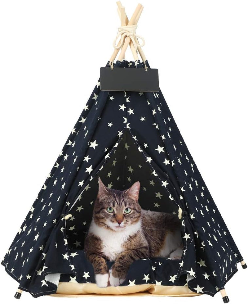 Pet Teepee, Large Dog Teepee Bed with Thick Cushion, 24 /28Inch Tall, Portable Washable Teepee Tent for Dogs Puppy, Cat and Rabbits, for Pets up to 33Lbs (Star-Navy)