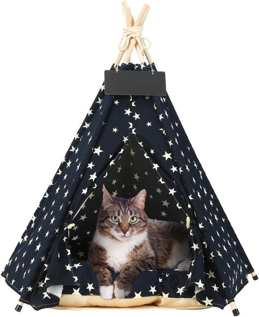 Pet Teepee, Large Dog Teepee Bed with Thick Cushion, 24 /28Inch Tall, Portable Washable Teepee Tent for Dogs Puppy, Cat and Rabbits, for Pets up to 33Lbs (Star-Navy)