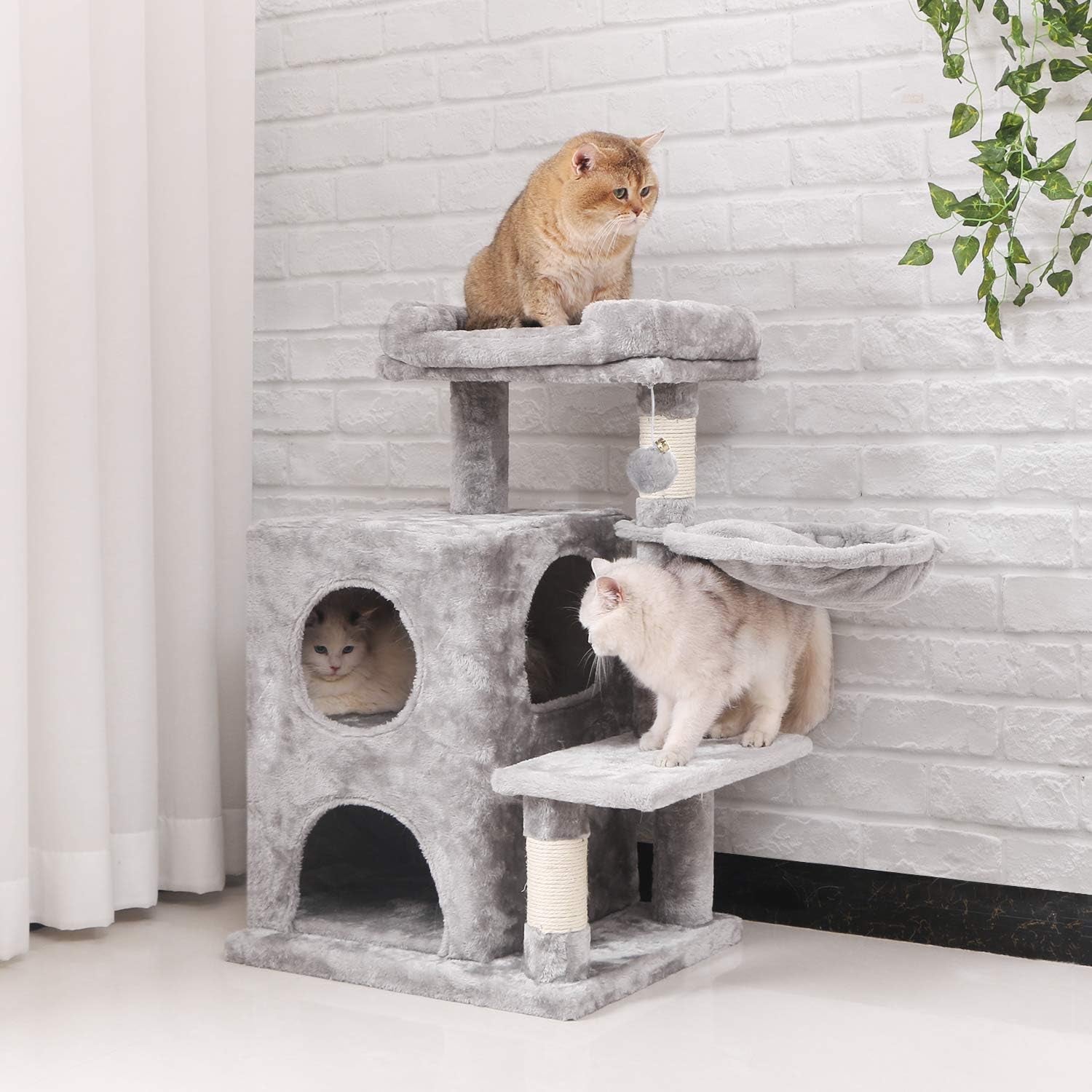 Cat Tree Condo with Sisal Scratching Posts, Plush Perch, Dual Houses and Basket, Cat Tower Furniture Kitty Activity Center Kitten Play House MMJ06 (Light Grey)