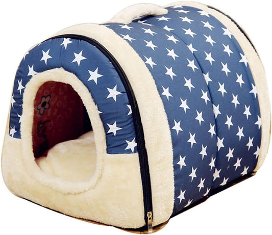 Portable Pet House Soft Dog Bed Cat House Washable with Removable Cushion Waterproof 2 Sizes (Medium, Blue Star)