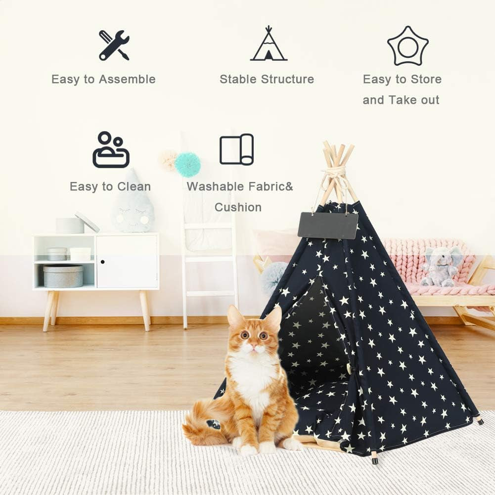 Pet Teepee, Large Dog Teepee Bed with Thick Cushion, 24 /28Inch Tall, Portable Washable Teepee Tent for Dogs Puppy, Cat and Rabbits, for Pets up to 33Lbs (Star-Navy)