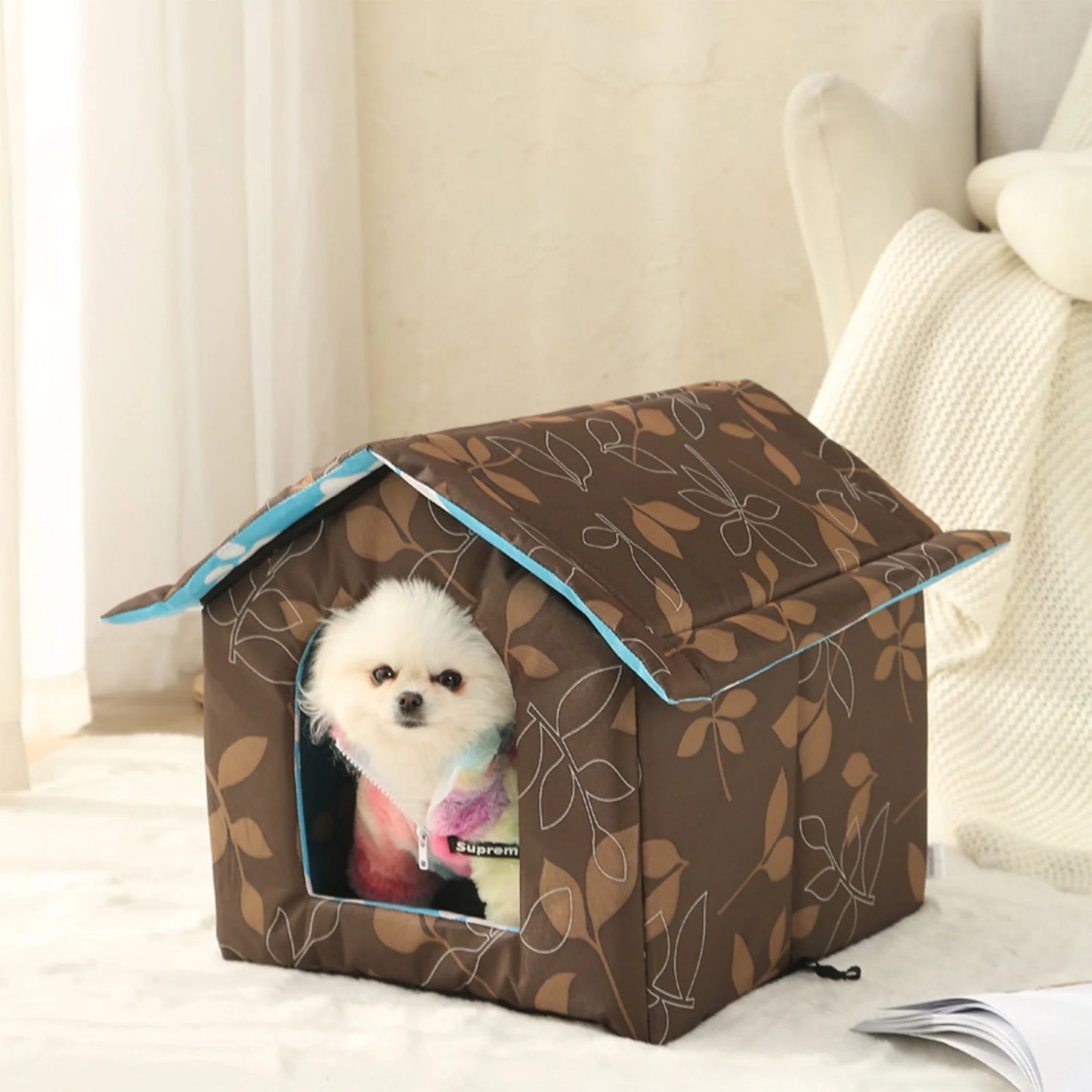 Winter Pet House with Self Warming Pad, Waterproof Outdoor Cat Dog House Foldable Warm Pet Cave for Winter Wild Animal Tent Bed, Outdoor Indoor Heat Insulated Shelter Enclosure for Pet