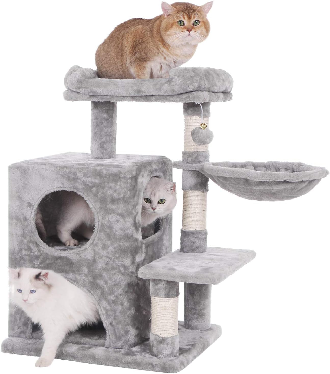 Cat Tree Condo with Sisal Scratching Posts, Plush Perch, Dual Houses and Basket, Cat Tower Furniture Kitty Activity Center Kitten Play House MMJ06 (Light Grey)