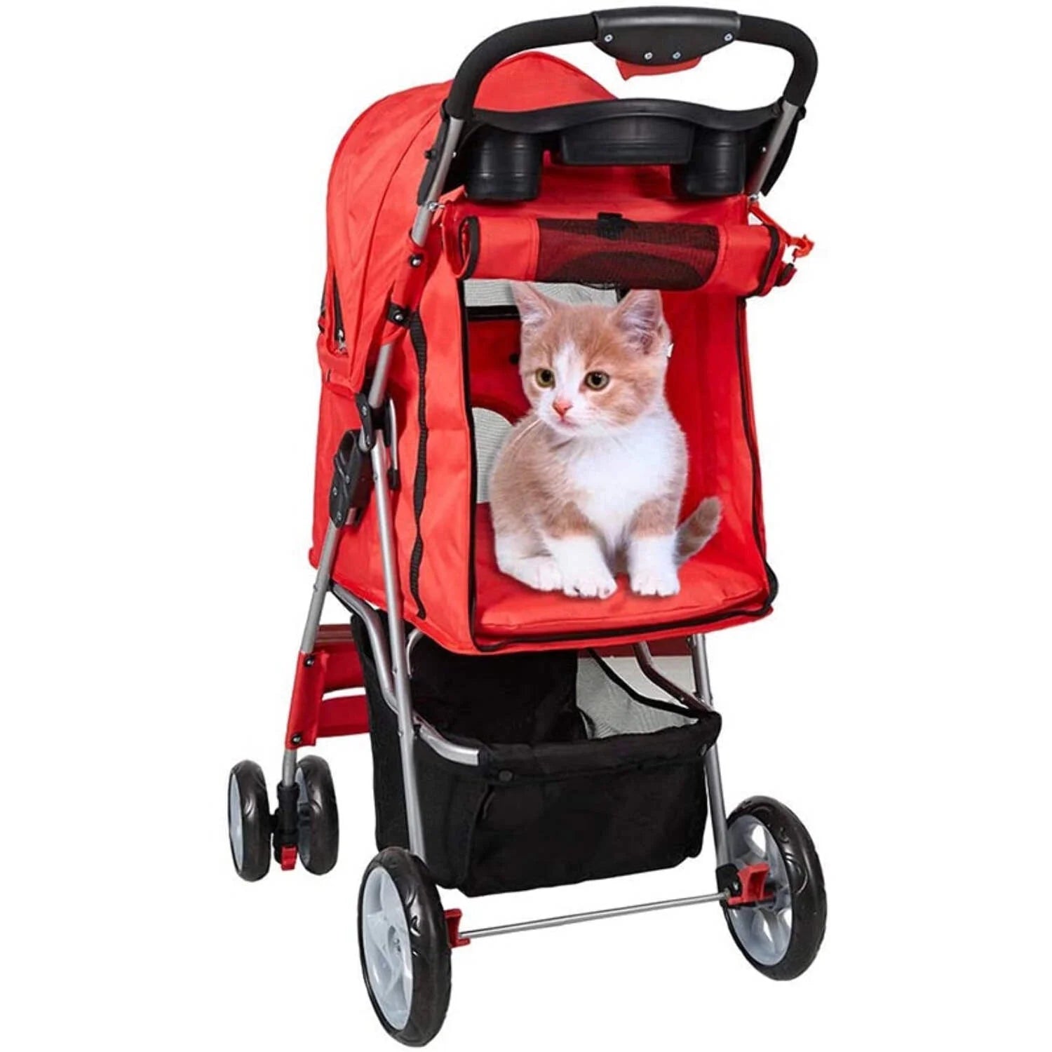 3-Wheeled Folding Dog Stroller with Safety Belts, Red