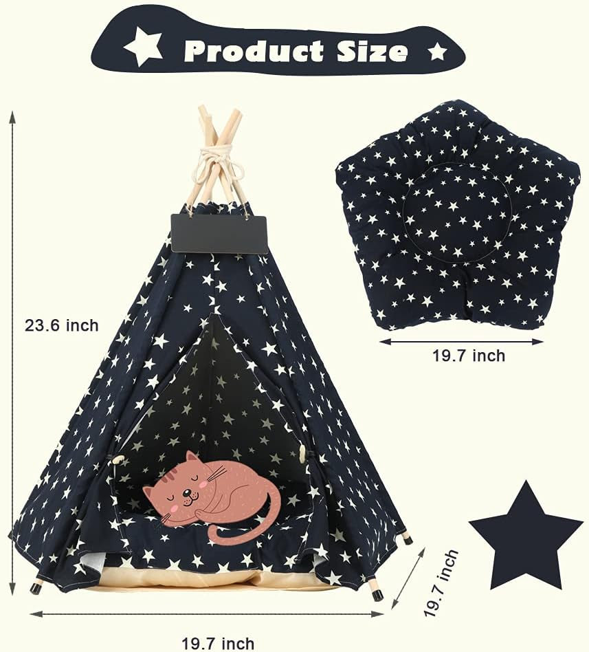 Pet Teepee, Large Dog Teepee Bed with Thick Cushion, 24 /28Inch Tall, Portable Washable Teepee Tent for Dogs Puppy, Cat and Rabbits, for Pets up to 33Lbs (Star-Navy)