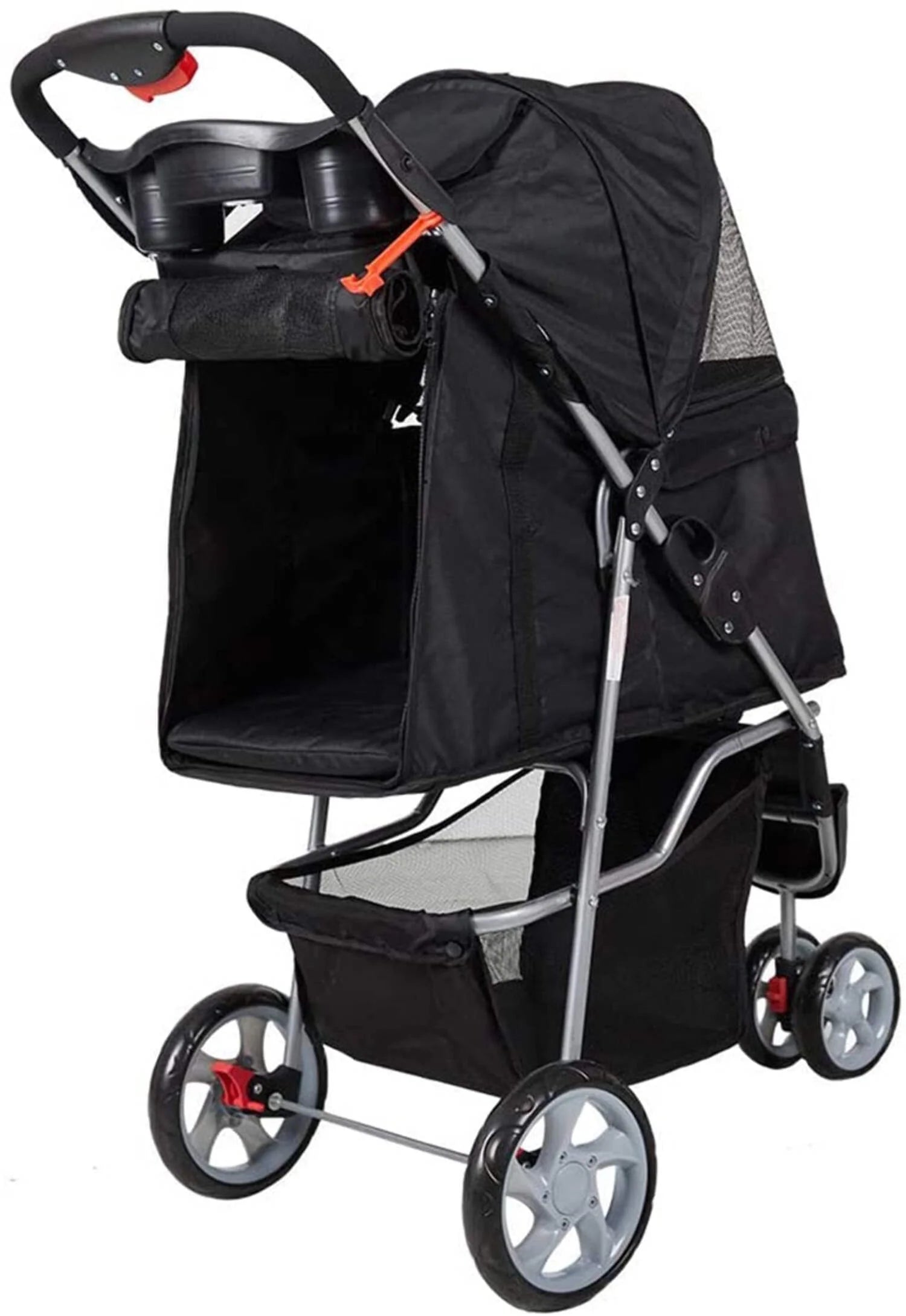 3-Wheeled Folding Dog Stroller with Safety Belts, Red