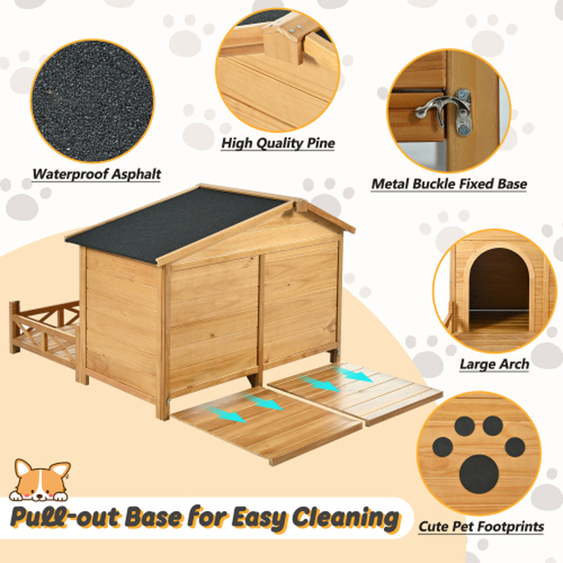 48 Wooden Dog House Outdoor with Porch, Dog Kennel with Water-Resistant Asphalt Roof and Fencing,Indoor & Outdoor Dog Crate with Paw Print, Medium, Nature