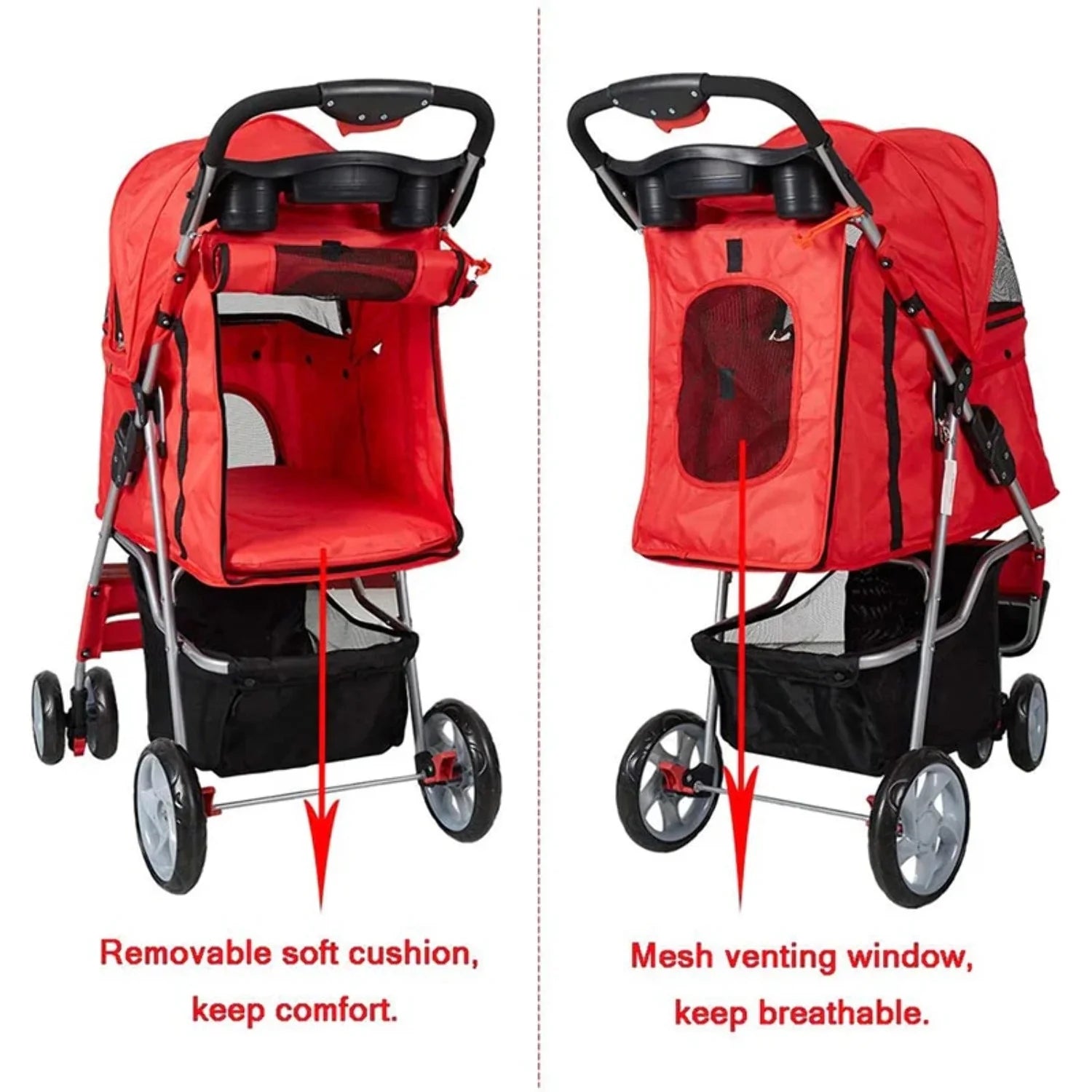 3-Wheeled Folding Dog Stroller with Safety Belts, Red