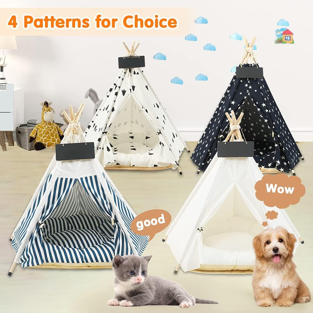 Pet Teepee, Large Dog Teepee Bed with Thick Cushion, 24 /28Inch Tall, Portable Washable Teepee Tent for Dogs Puppy, Cat and Rabbits, for Pets up to 33Lbs (Star-Navy)