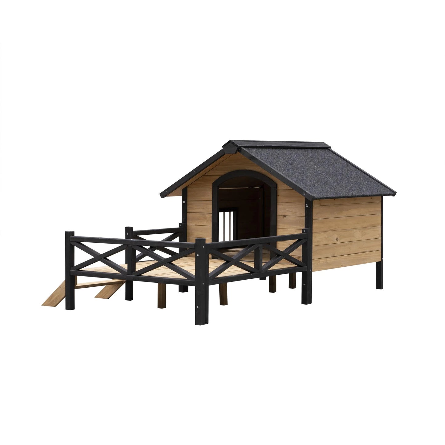 66" Outdoor Dog House, Large Wooden Dog Kennel with Porch, Cabin House Style Pet Houses for Cats, Brown