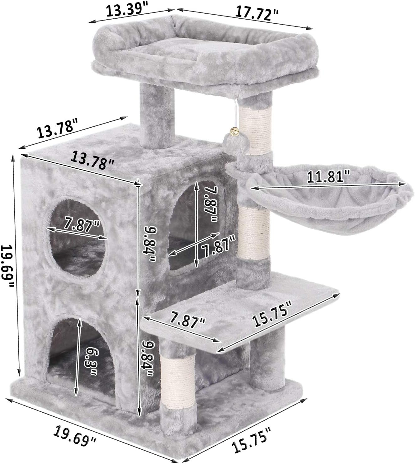 Cat Tree Condo with Sisal Scratching Posts, Plush Perch, Dual Houses and Basket, Cat Tower Furniture Kitty Activity Center Kitten Play House MMJ06 (Light Grey)