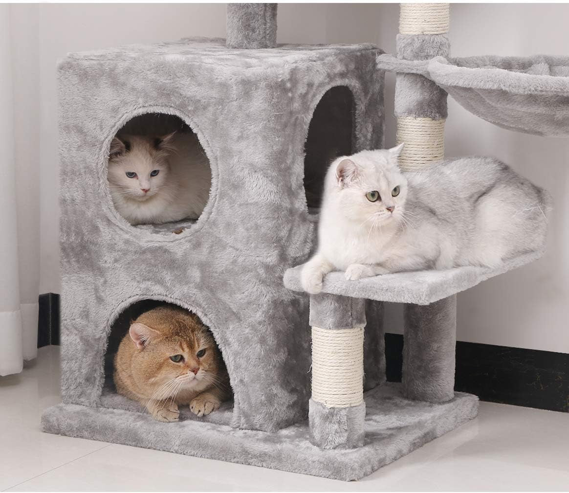 Cat Tree Condo with Sisal Scratching Posts, Plush Perch, Dual Houses and Basket, Cat Tower Furniture Kitty Activity Center Kitten Play House MMJ06 (Light Grey)