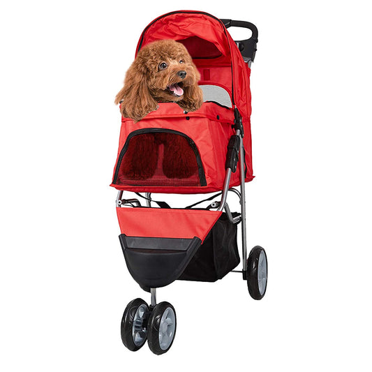 3-Wheeled Folding Dog Stroller with Safety Belts, Red