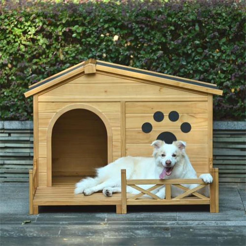 48 Wooden Dog House Outdoor with Porch, Dog Kennel with Water-Resistant Asphalt Roof and Fencing,Indoor & Outdoor Dog Crate with Paw Print, Medium, Nature