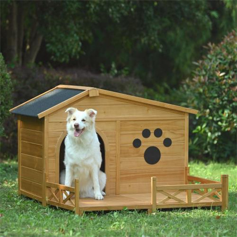 48 Wooden Dog House Outdoor with Porch, Dog Kennel with Water-Resistant Asphalt Roof and Fencing,Indoor & Outdoor Dog Crate with Paw Print, Medium, Nature
