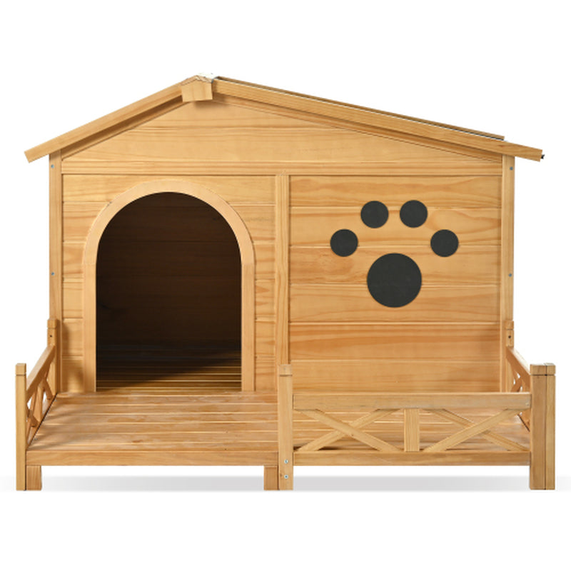48 Wooden Dog House Outdoor with Porch, Dog Kennel with Water-Resistant Asphalt Roof and Fencing,Indoor & Outdoor Dog Crate with Paw Print, Medium, Nature