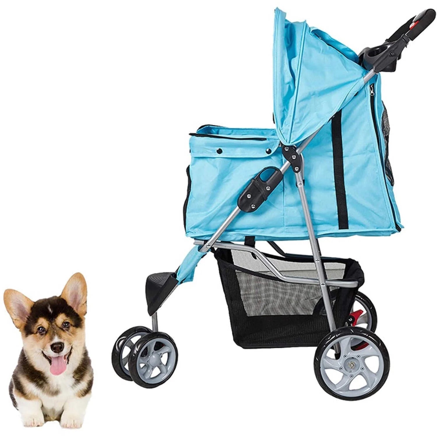 3-Wheeled Folding Dog Stroller with Safety Belts, Red