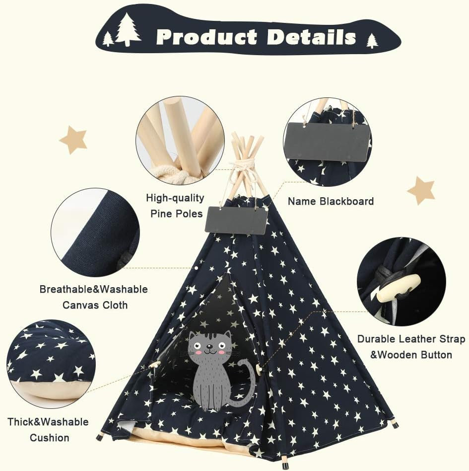 Pet Teepee, Large Dog Teepee Bed with Thick Cushion, 24 /28Inch Tall, Portable Washable Teepee Tent for Dogs Puppy, Cat and Rabbits, for Pets up to 33Lbs (Star-Navy)