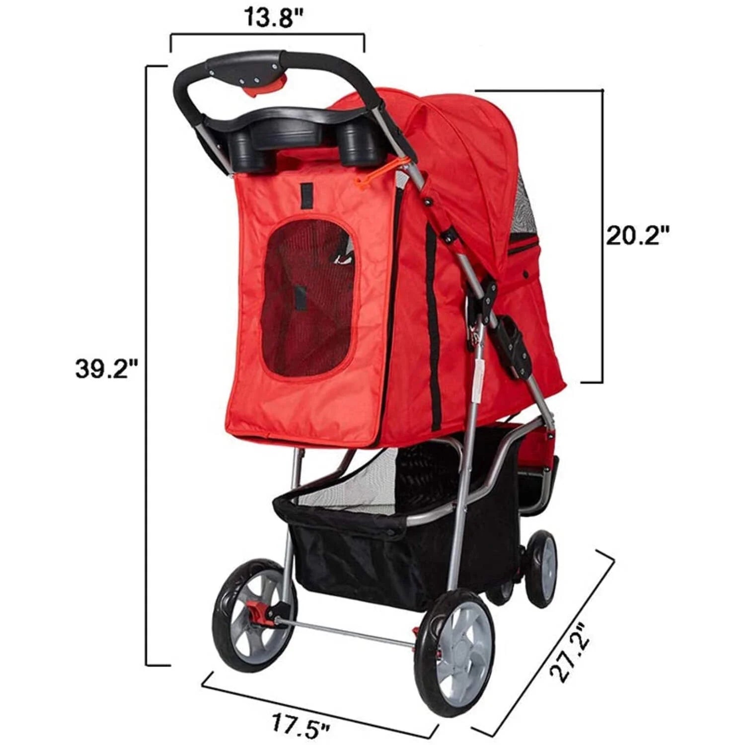 3-Wheeled Folding Dog Stroller with Safety Belts, Red