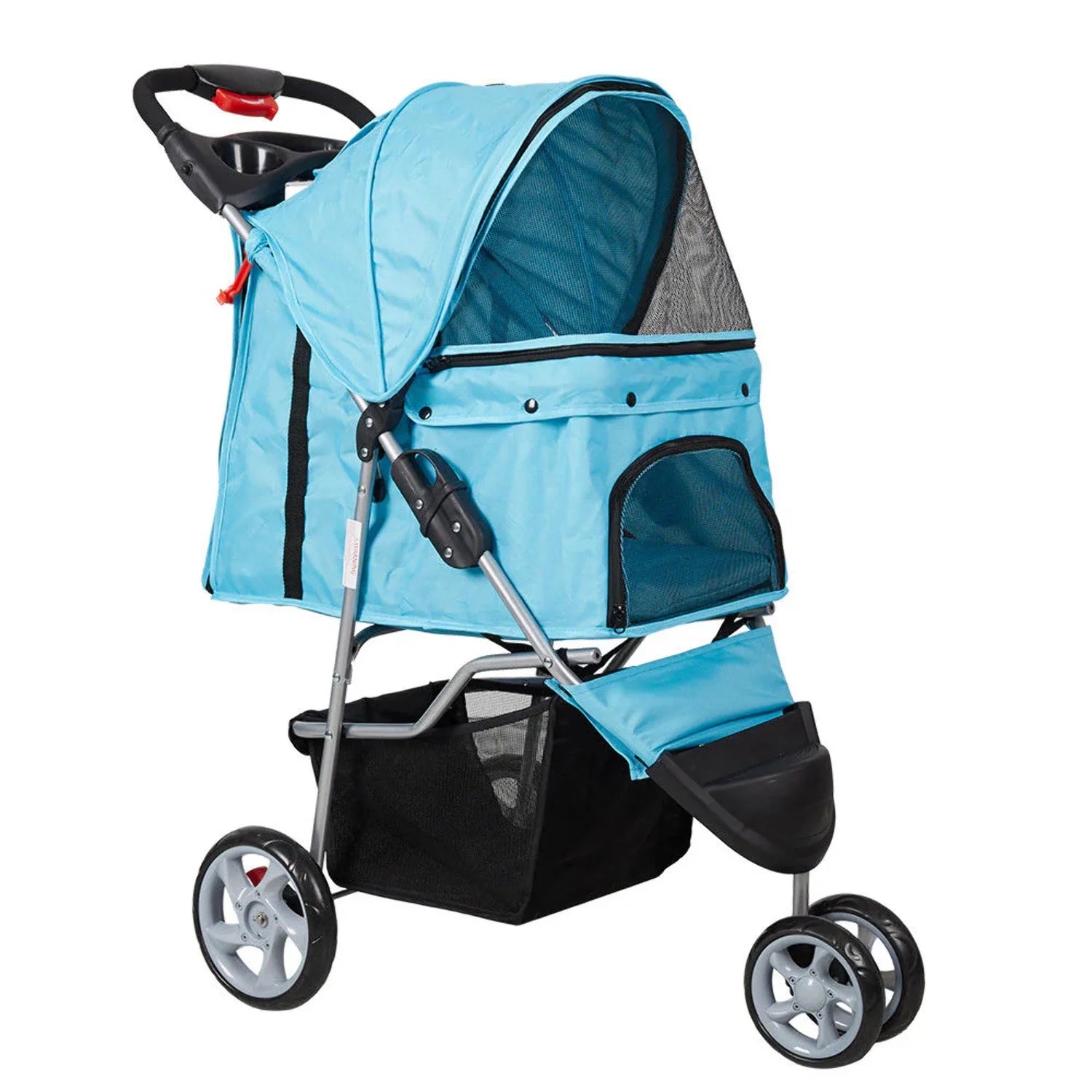 3-Wheeled Folding Dog Stroller with Safety Belts, Red
