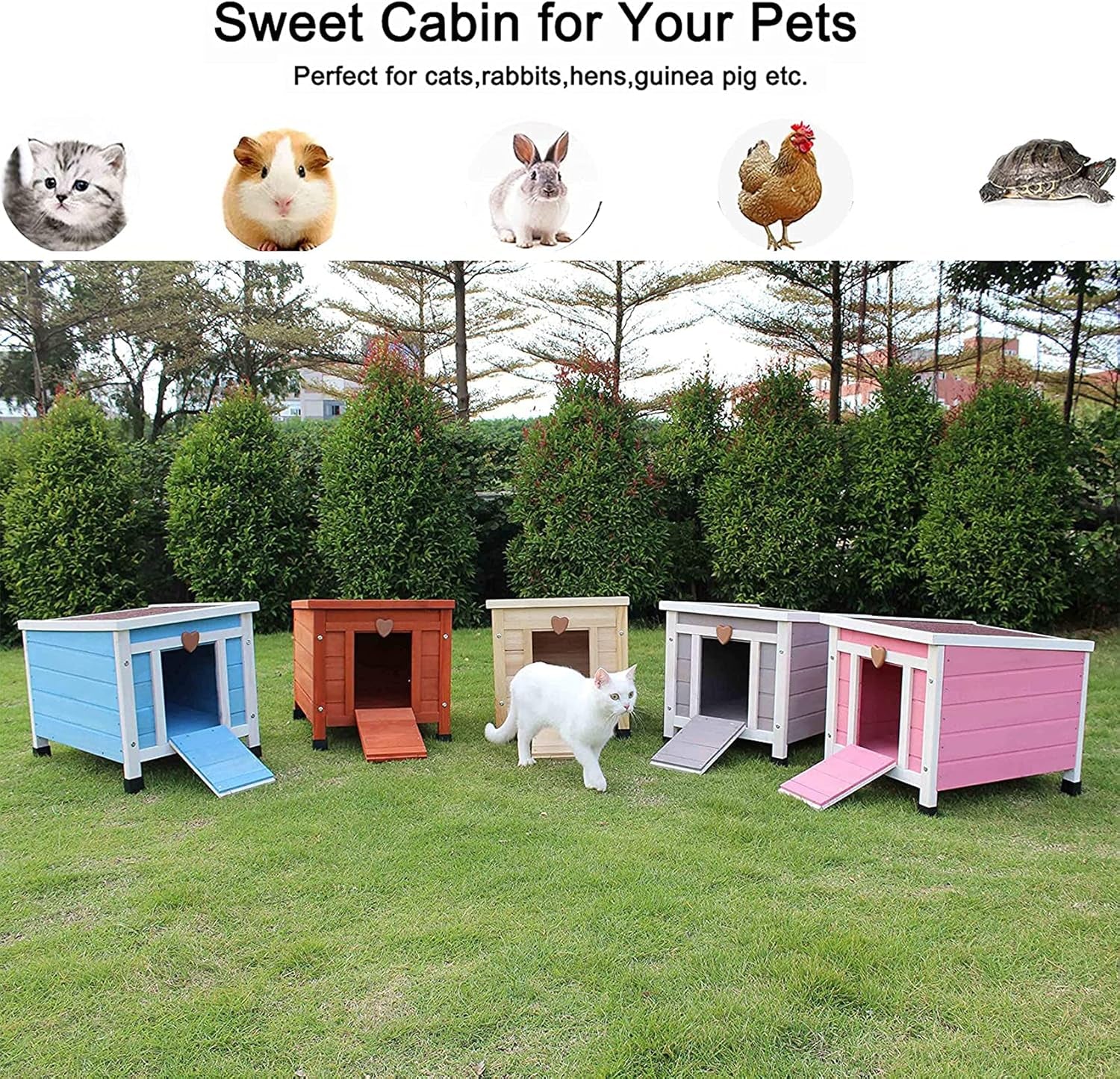 Cat House Outside, Feral Cat House Outdoor Weatherproof Rabbit Hutch Small, Wooden Small Pet House and Habitats -Wine Red